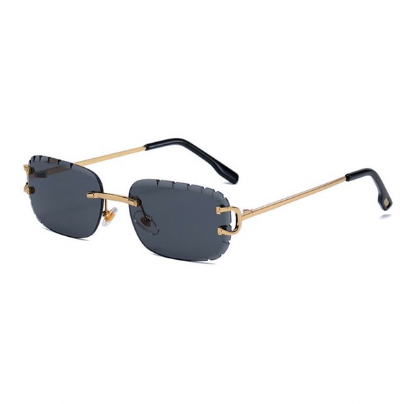 Mens Black Tint Rimless Dark Diamond Cut Lens Gold Frame Hand Carved Sunglasses - Picture 3 of 4